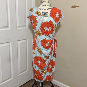 Maggy London Blue Orange Floral Cap Sleeve Midi Wrap Dress size 12 Career Summer